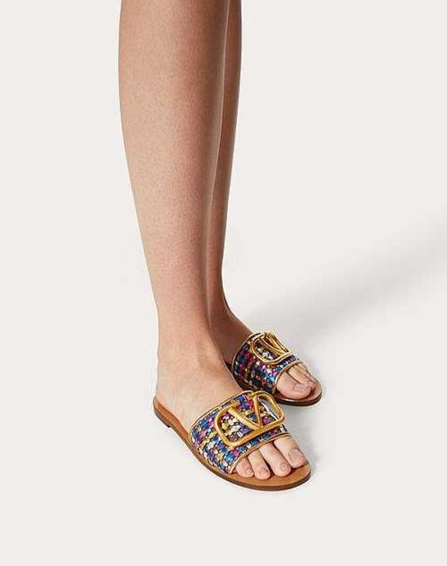 Valentino Vlogo Signature Slide Sandal In Woven Metallic Nappa | Slides And Thongs