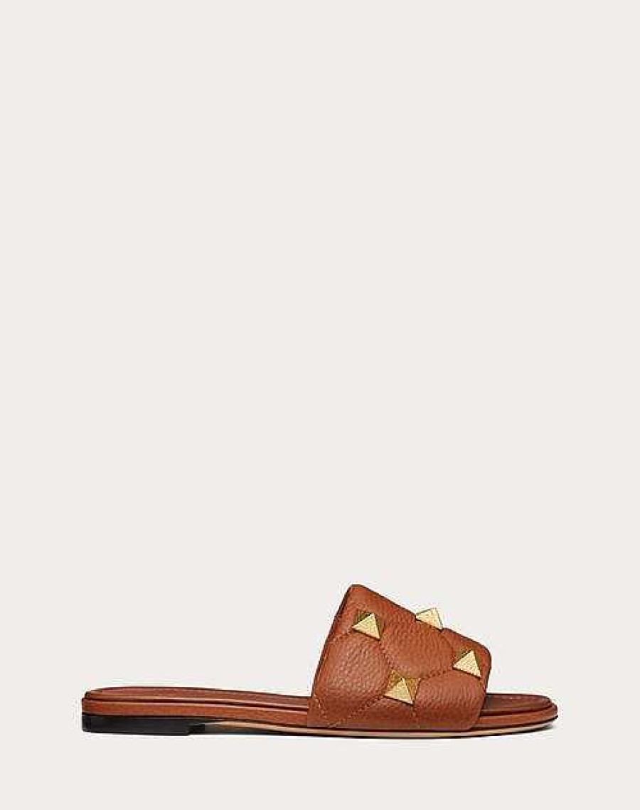 Valentino Flat Roman Stud Slide Sandal In Quilted Grainy Calfskin | Slides And Thongs