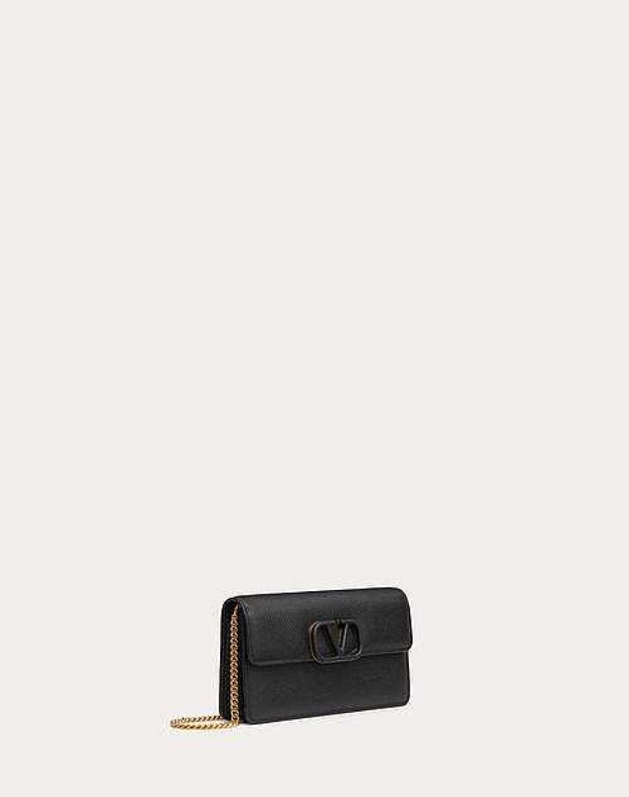 Valentino Vlogo Signature Grainy Calfskin Wallet With Chain | Mini Bags