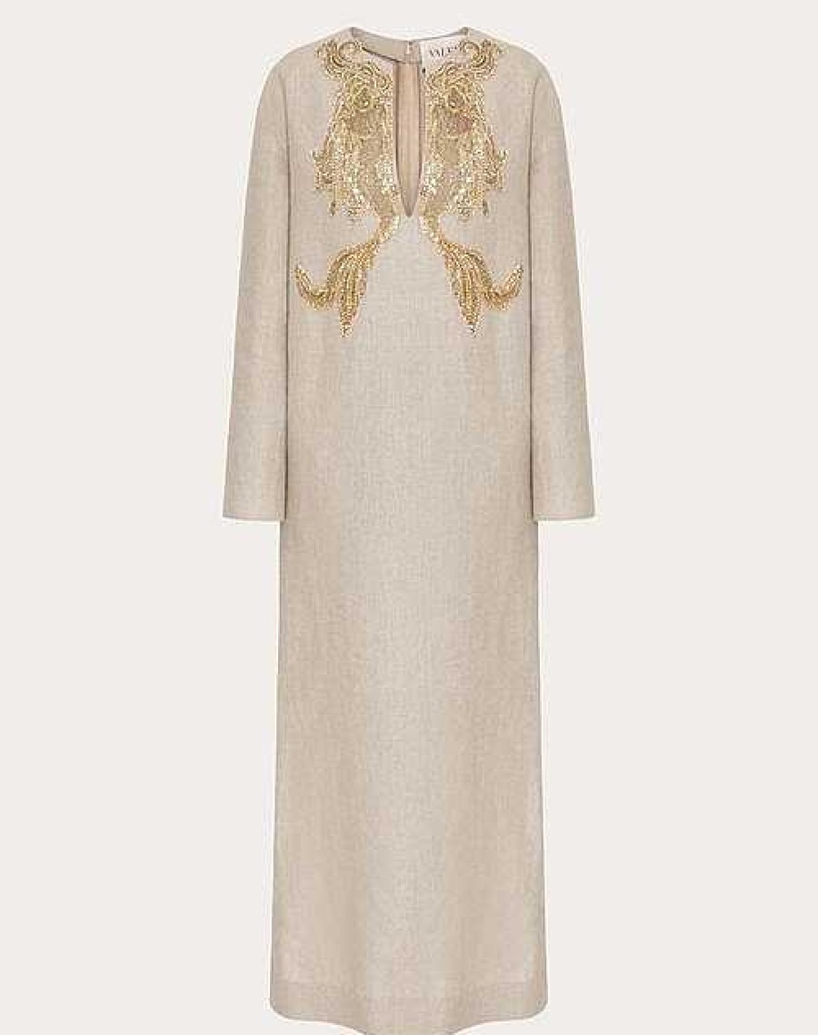 Valentino Embroidered Linen Canvas Midi Dress | Dresses