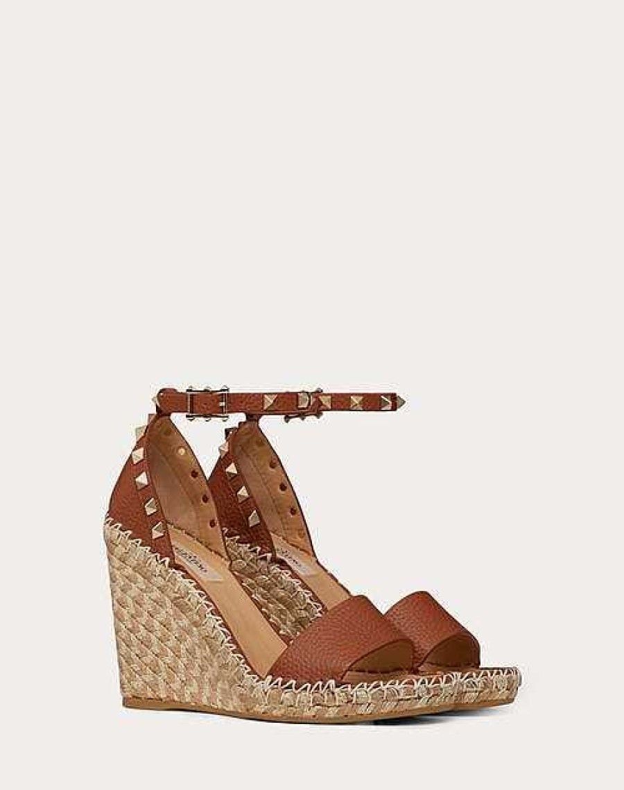 Valentino Rockstud Double Wedge Sandal In Grainy Calfskin 105Mm | Espadrilles And Wedges