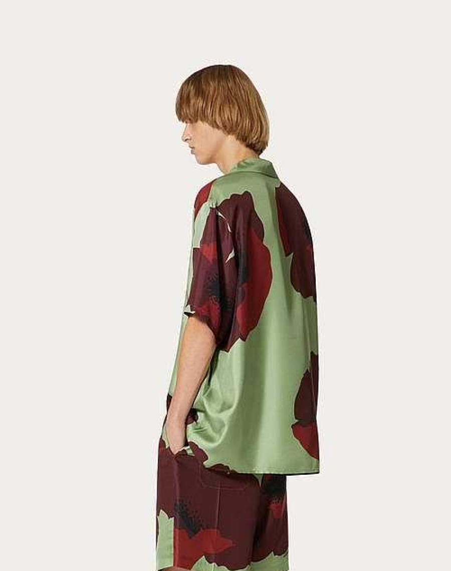 Valentino Silk Twill Bowling Shirt With Valentino Flower Portrait Print | Shirts