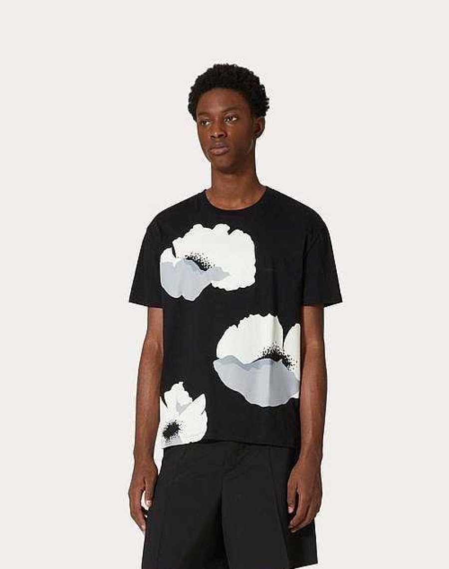 Valentino Cotton T-Shirt With Valentino Flower Portrait Print | T-Shirts And Sweatshirts