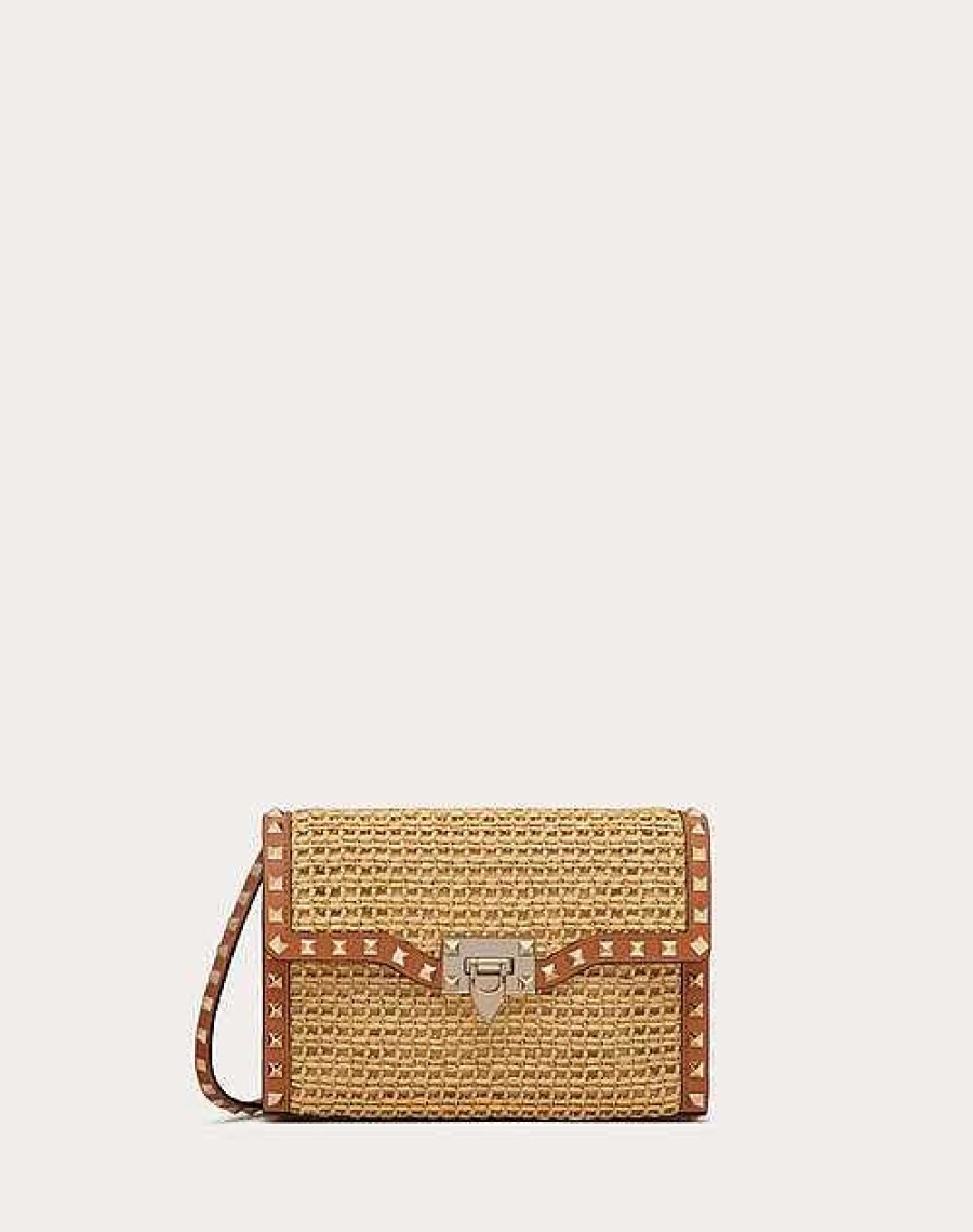 Valentino Small Rockstud Shoulder Bag In Woven Raffia | Shoulder Bags