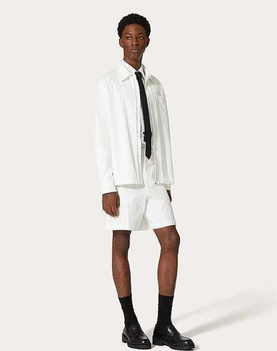 Valentino Stretch Cotton Canvas Bermuda Shorts With Rubberized V Detail | Pants And Shorts