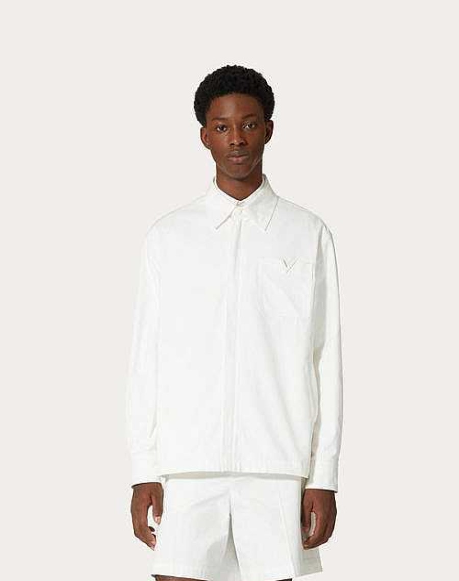 Valentino Stretch Cotton Canvas Jacket With Rubberized V Detail | Outerwear