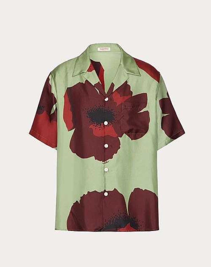 Valentino Silk Twill Bowling Shirt With Valentino Flower Portrait Print | Shirts