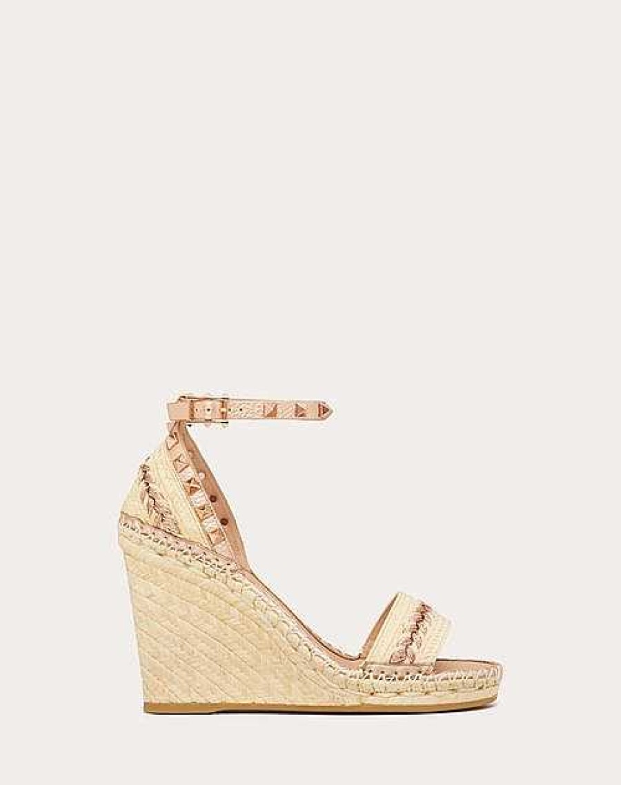 Valentino Rockstud Double Raffia Wedge Sandal With Tone-On-Tone Studs 105Mm | Espadrilles And Wedges