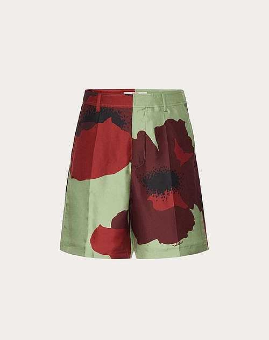 Valentino Silk Twill Bermuda Shorts With Valentino Flower Portrait Print | Pants And Shorts