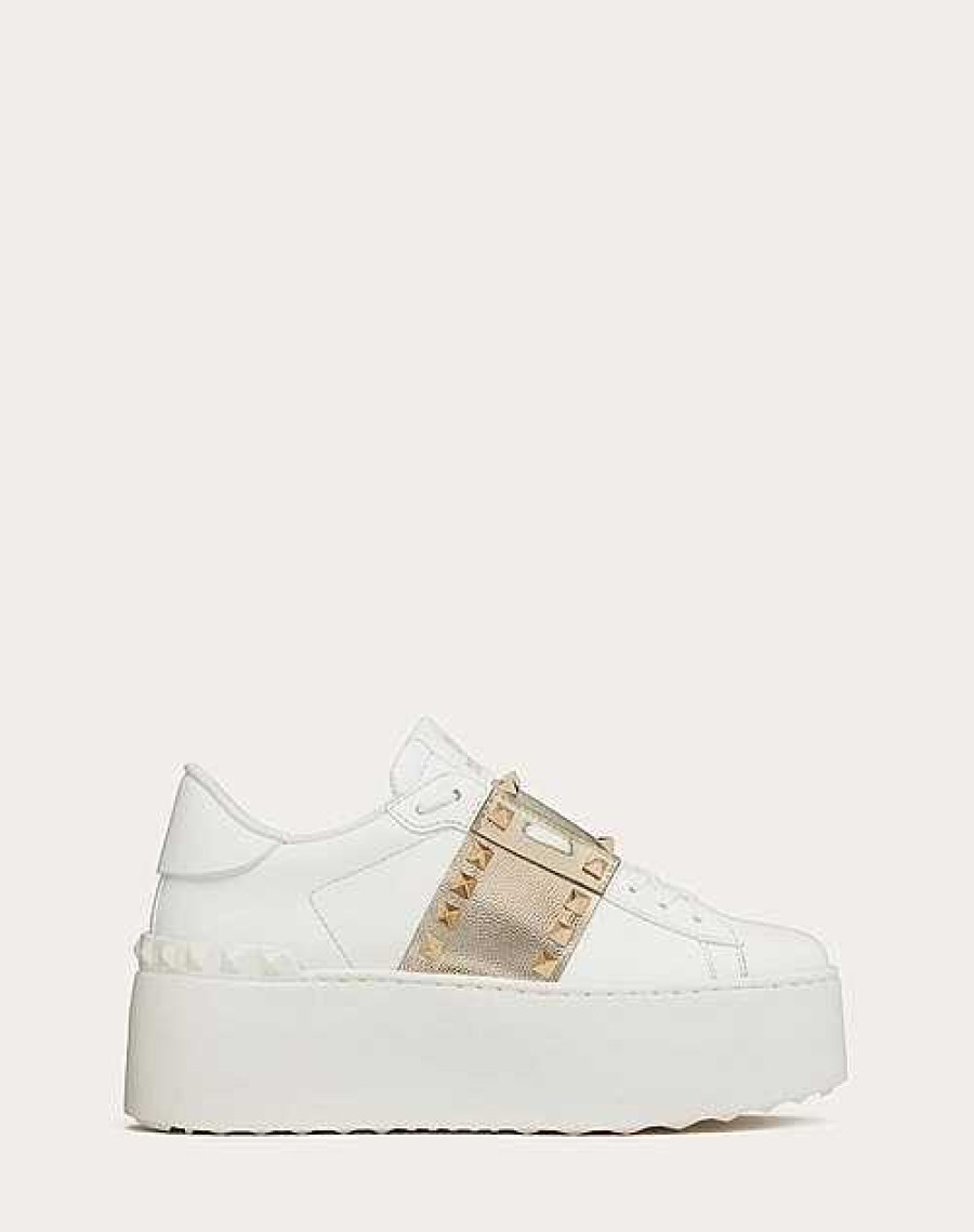 Valentino Flatform Rockstud Untitled Sneaker In Calfskin With Metallic Band | Sneakers