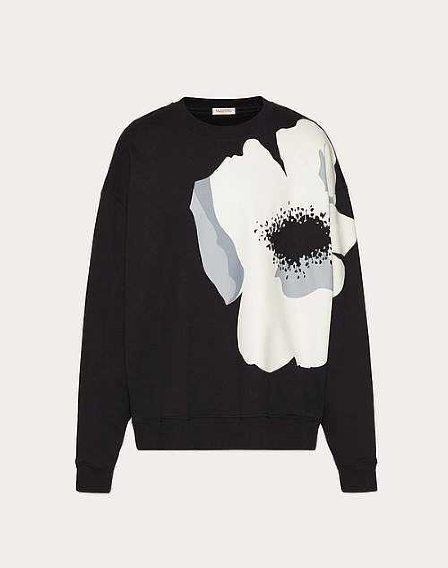 Valentino Cotton Crewneck Sweatshirt With Valentino Flower Portrait Print | T-Shirts And Sweatshirts