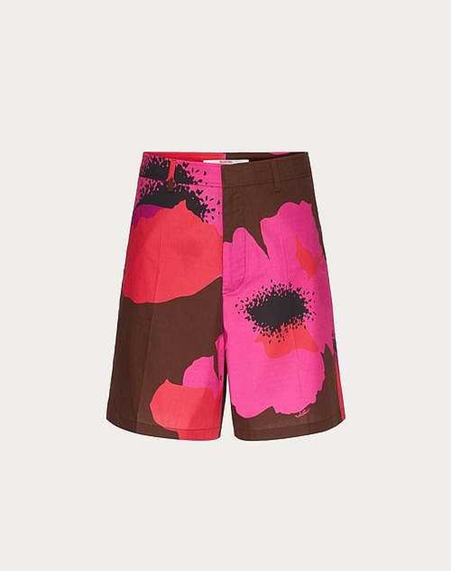 Valentino Cotton Poplin Bermuda Shorts With Valentino Flower Portrait Print | Pants And Shorts